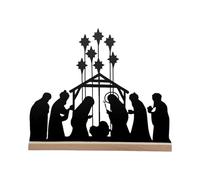 Nativity Christmas Centerpiece - Scene Desk Sign for Holiday Decor, Metal Tabletop Ornament with Wooden Base for Mantel Counter Shelf Church Parties Gathering, 22x19 cm