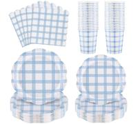 NatNarr 96 piatti e tovaglioli di carta smerlati blu chiaro a quadretti usa e getta per feste, 24 per compleanni, baby shower, matrimoni, tea party e picnic