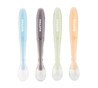 Nattou Cucchiaio in silicone per bambini, 4 pezzi, lunghezza 16 cm, con scatola per il trasporto per 1 cucchiaio, senza BPA, silicone, colorato
