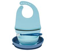 Nattou Set da Tavola in Silicone per Bambini, 4 Pezzi, 1 Cucchiaio, 1 Piatto, 1 Scodella, 1 Bavaglino con Tasca, Senza BPA, Silicone, Blu