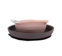 Nattou Stoviglie in silicone per bambini, 3 Pezzi, 1 Cucchiaio, 1 Piatto piano, 1 Piatto fondo, Antiscivolo, Senza BPA, Silicone, Rosa/Viola