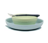 Nattou Stoviglie in silicone per bambini, 3 Pezzi, 1 Cucchiaio, 1 Piatto piano, 1 Piatto fondo, Antiscivolo, Senza BPA, Silicone, Blu/Verde