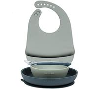 Nattou Stoviglie in silicone per bambini, 4 Pezzi, 1 Cucchiaio, 1 Piatto piano, 1 Scodella, 1 Bavaglino con tasca, Senza BPA, Silicone, Verde/Blu