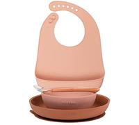 Nattou Stoviglie in silicone per bambini, 4 Pezzi, 1 Cucchiaio, 1 Piatto piano, 1 Scodella, 1 Bavaglino con tasca, Senza BPA, Silicone, Rosa/Marrone