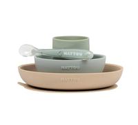 Nattou Stoviglie in silicone per bambini, 4 Pezzi, 1 Cucchiaio, 1 Tazza, 1 Piatto piano, 1 Piatto fondo, Antiscivolo, Senza BPA, Silicone, Verde/Beige