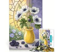Natura morta floreale con anemoni bianchi e more, puzzle da 1000 pezzi per ragazzi, stimolante per la mente, ideale per il tempo libero, con bordi precisi e un regalo pensato con cura 50x75cm