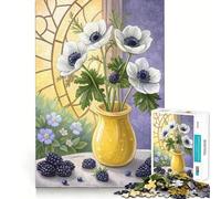 Natura morta floreale con anemoni bianchi e more, puzzle da 1000 pezzi per ragazzi, stimolante per la mente, ideale per il tempo libero, con bordi precisi e un regalo pensato con cura 38x52cm