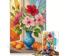 Natura morta floreale con ibisco rosso e rosa e arance - Puzzle da 1000 pezzi per adolescenti - Gioco stimolante per la mente - Relax - Taglio preciso - Esposizione artistica 38x52cm