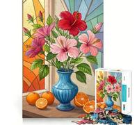 Natura morta floreale con ibisco rosso e rosa e arance - Puzzle per adulti da 1000 pezzi - Gioco intelligente per la famiglia - Bordo liscio - Espositore artistico 50x75cm