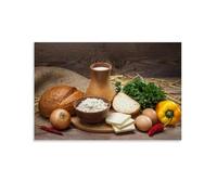 Natura morta, latte, pane, formaggio, peperoni, cipolle, uova, poster alimentare arte vintage, tela da parete, decorazione estetica, soggiorno, camera dei bambini, dormitorio, bar, bagno, adatto per
