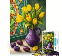 Natura morta︰ Tulipani, Prugne, Vetrate artistiche Puzzle da 1000 pezzi per adulti e ragazzi Gioco mentale Calma e relax Taglio di alta qualità Regalo sentito 50x75cm