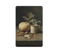 Natura morta zucca foglie di quercia ghiande tazza di ceramica latta metallo segni decorazione artistica da parete per bar, pub, club, caffetteria, fattoria, bianco, 30 x 20 cm