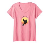 Natura retrò della sagoma dell'alba dell'uccello anticip Maglietta con Collo a V, Donna, Rosa, L