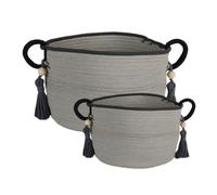 NATURAL LIVING "SET 2 CESTI IN COTONE" DECO MANICO LEGNO E POMPON H22 E H28CM