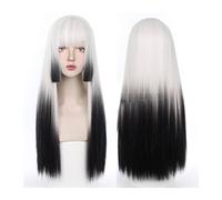Natural Looking & Comfortable | Long Lasting Quali Parrucca nera sfumata bianca con frangia ordinata, parrucca diritta lunga 68 cm con frangia, parrucca di Halloween for costume cosplay sintetico natu