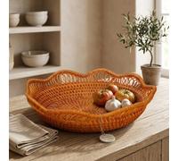 Natural Rattan Fruit Basket 23cm Wavy Edge | Natural handwoven rattan, clear texture, organic look, 23cm diameter, warm brown finish