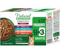 Natural Trainer Straccetti Cibo Umido per Gatti Adulti - Bocconcini in salsa Multipack (Salmone, Manzo, Anatra, Merluzzo) 12 x 85g