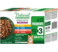 Natural Trainer Straccetti Cibo Umido per Gatti Adulti Sterilizzati - Bocconcini in salsa Multipack (Pollo, Tonno, Salmone, Manzo) 12 x 85g