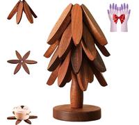 Natural Tree Trivet Set, 4 Wooden Trivets & 1 Stand Like a Christmas Tree, Artisanal Wooden Coasters, Woodens Trivets for Hot Dishes, Pots and Pans, Kitchen Counter Decor (Walnut color,4-layer)