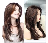 Naturale ondulato lunghezza spalla lunga stratificato parrucca marrone chiaro capelli sintetici fibra evidenziata multicolore marrone biondo capelli colore parrucche