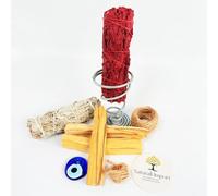 Naturali Import Smudging Kit - Palo Santo Sticks, White Sage & Red Smudge Stick, Jute Twine & Stand - Energy Cleansing & Meditation Set - 100% Natural Spiritual Gift Box