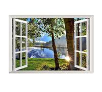 Nature Forest Lake Wall Stickers, 3D Lake View Fake Window Mural, Adesivi murali per soggiorno, camera da letto, sala da pranzo Home Window Landscape Wall Decor, Peel and Stick rimovibile,90x57cm