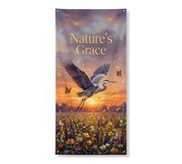 Nature Grace - Striscione decorativo per porta, elegante design floreale con uccelli e farfalle, per decorazione primaverile all'aperto, forniture per feste e festival, 91 x 182 cm