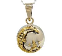 Nature Reflections Collana con sfera chiama angeli e luna crescente, con faccia in ottone e stella, su catena a sfere in argento da 61 cm