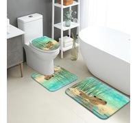Nature - Set di 3 tappetini da bagno con capibara e erba, assorbenti e antiscivolo, a forma di U, lavabili, motivo floreale estivo ad asciugatura rapida, in flanella