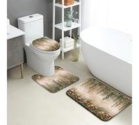 Nature - Set di 3 tappetini da bagno con foglie verdi rustiche e pietre, assorbenti e antiscivolo, a forma di U, lavabili, in flanella primaverile, ad asciugatura rapida, set di tappeti da bagno