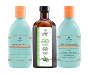 Nature Spell Trio Crescita dei Capelli, Olio di Rosmarino già Diluito per Capelli e Cuoio Capelluto, Shampoo e Balsamo, Senza Solfati, Protegge il Colore, per Tutti i Tipi di Capelli, Vegano