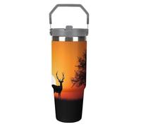 Nature Sunset Deer - Bicchiere con cannuccia, isolante, in acciaio inox, con manico, design a doppia parete, coperchio a prova di perdite, mantiene le bevande calde/fredde per ore