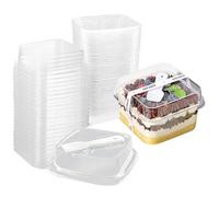 NatureMan Bicchieri da dessert in plastica trasparente con coperchio e cucchiai, confezione da 50 contenitori quadrati trasparenti per dolci, con adesivo in cartone, per budino, parfait, frutta