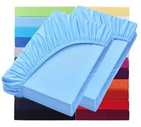 NatureMark Basic - Set di 2 lenzuoli con angoli elasticizzati in jersey, 90 x 190 cm, 100 x 200 cm, bordo 25 cm, lenzuolo con angoli elasticizzati, 100 x 200 cm, 100% cotone, colore blu chiaro