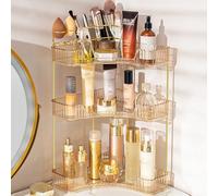 NATURE'S SOURCE Organizzatore per trucco da toeletta, organizer angolare a 3 ripiani da bagno con porta pennelli da trucco, ripiano angolare per cassettiera da bagno, oro ambra