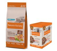 Nature's Variety Crochette per cani + 4 x 150 g / 4 x 300 g Cibo umido per cani gratis! - 12 kg Original No Grain Junior Salmone + Paté No Grain Medium/Maxi Adult, 4 x 300 g