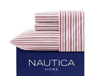 Nautica Cotton Percale Sheet Set, Full, Coleridge Red Stripe, Twin XL