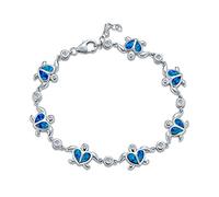 Nautico Acquatico Spiaggia Tropicale Vacanza Iridescente Blu Creato Opale Intarsio Mare Tartaruga Cz Accento Cuore Multi Fascino Tartarughe Bracciale Per Le Donne Adolescenti .925 Sterling Silver