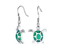 Nautico Acquatico Spiaggia Tropicale Vacanza Iridescente Verde Creato Opale Intarsio Tartaruga Mare Orecchini Pendenti Per Le Donne Adolescenti .925 Sterling Silver Gancio Di Pesce