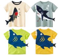 NautySaurs Confezione da 4 magliette per bambini con dinosauro squalo escavatore camion grafico manica corta t-shirt, 7 squali, 4 anni