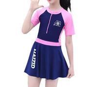 NautySaurs Costume da bagno intero per ragazze con gonna staccabile, costume da bagno bicolore con maniche raglan, costume da bagno a maniche corte per ragazze grandi, blu navy, 7-8 Anni