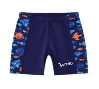 NautySaurs Costume da bagno per ragazzi ad alta elasticità, blu navy, pantaloncini da bagno con pesci tropicali, ad asciugatura rapida, per bambini grandi dai 7 ai 14 anni, Patchwork Blu, 9-10 Anni