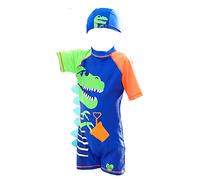 NautySaurs Costume da bagno per ragazzi da 2 a 11 anni Costume intero da dinosauro squalo con cuffia da nuoto, Dinosauro blu., 3-5 anni