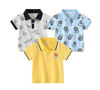 NautySaurs Polo per Ragazzi con Dinosauri e Cartoni Animati, 3 Confezioni a Maniche Corte, per Bambini da 2 a 6 Anni, Blu, Bianco, Strisce
