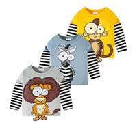 NautySaurs Ragazzi Manica Lunga T Shirt Bambini Carino Magliette Ragazze Animale Grafica Top Spazio Astronauta Bianco e Nero Strisce Undershirts, Set da 3., 3 Anni