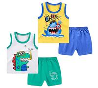 NAUTYSAURS Set di 4 canottiere e pantaloncini, in cotone, senza maniche, con pantaloncini e abiti estivi, Dinosauro e squalo, 4-5 anni