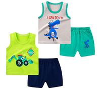 NAUTYSAURS Set di 4 canottiere e pantaloncini, in cotone, senza maniche, con pantaloncini e abiti estivi, Pala e Dinosauro, 4-5 anni