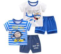 NautySaurs Set di 4 magliette e pantaloncini estivi a righe, bianco + blu, 2 anni
