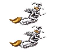 NAUZE 2 spille a forma di strega su manico di scopa in stile antico, spilla argentata per tutti i santi, decorazione magica per Halloween, gioielli per donne e uomini