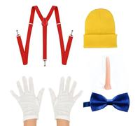 NAUZE Kit per travestimento da Pinocchio, con papillon e guanti bianchi, naso lungo, cappello giallo, bretelle rosse, costume da fiaba, per uomo e donna, cosplay
